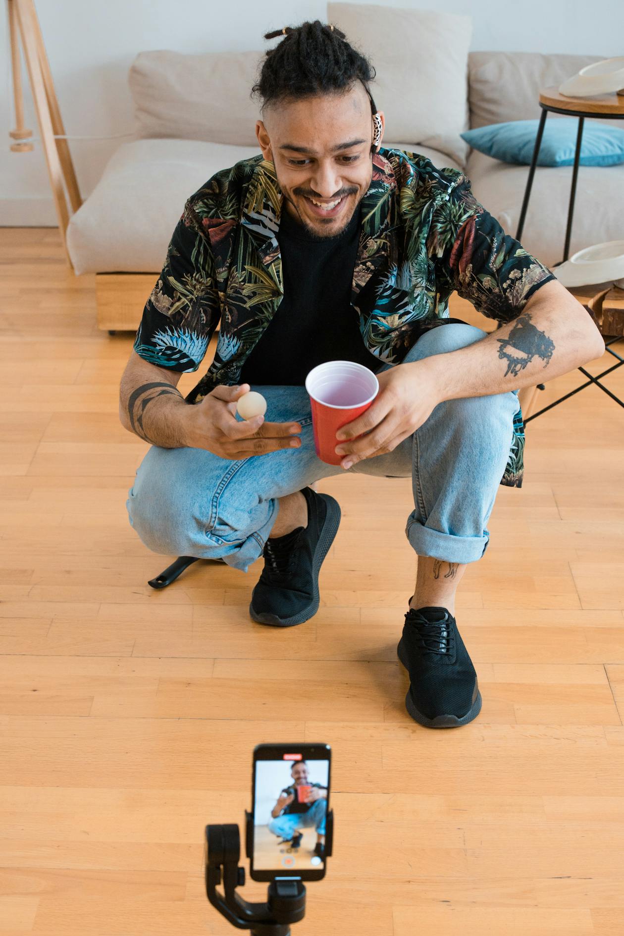 Influencer recording content in living room